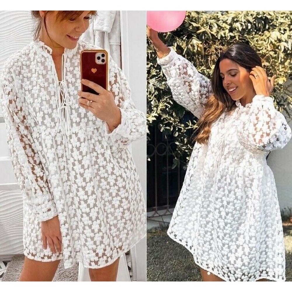 Zara‎ White Floral Embroidered Babydoll Mini Dress V-Neck Tie Balloon Sleeve XS